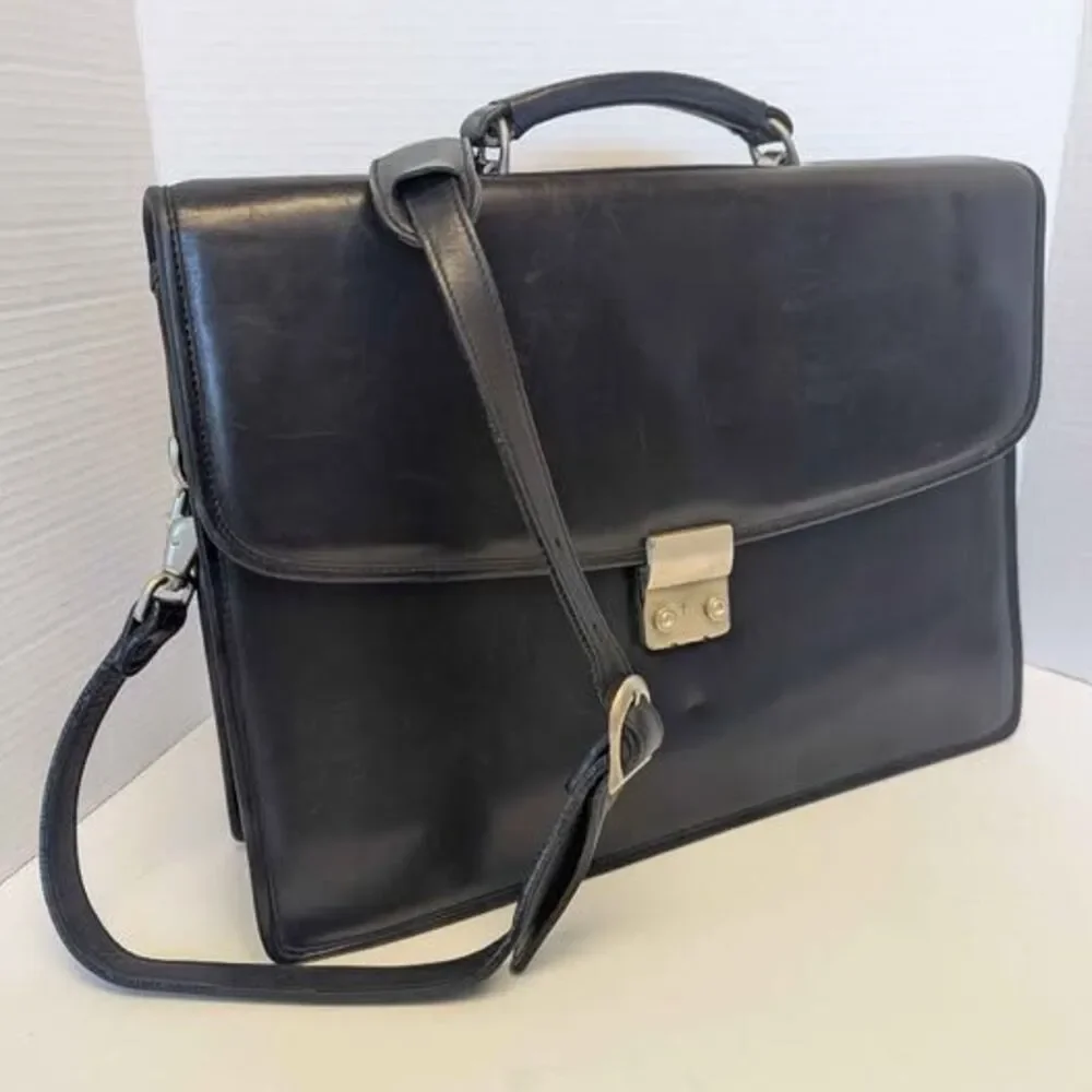 Vintage Amiet Black Leather Crossbody Messenger Briefcase Book Bag 16x12x4